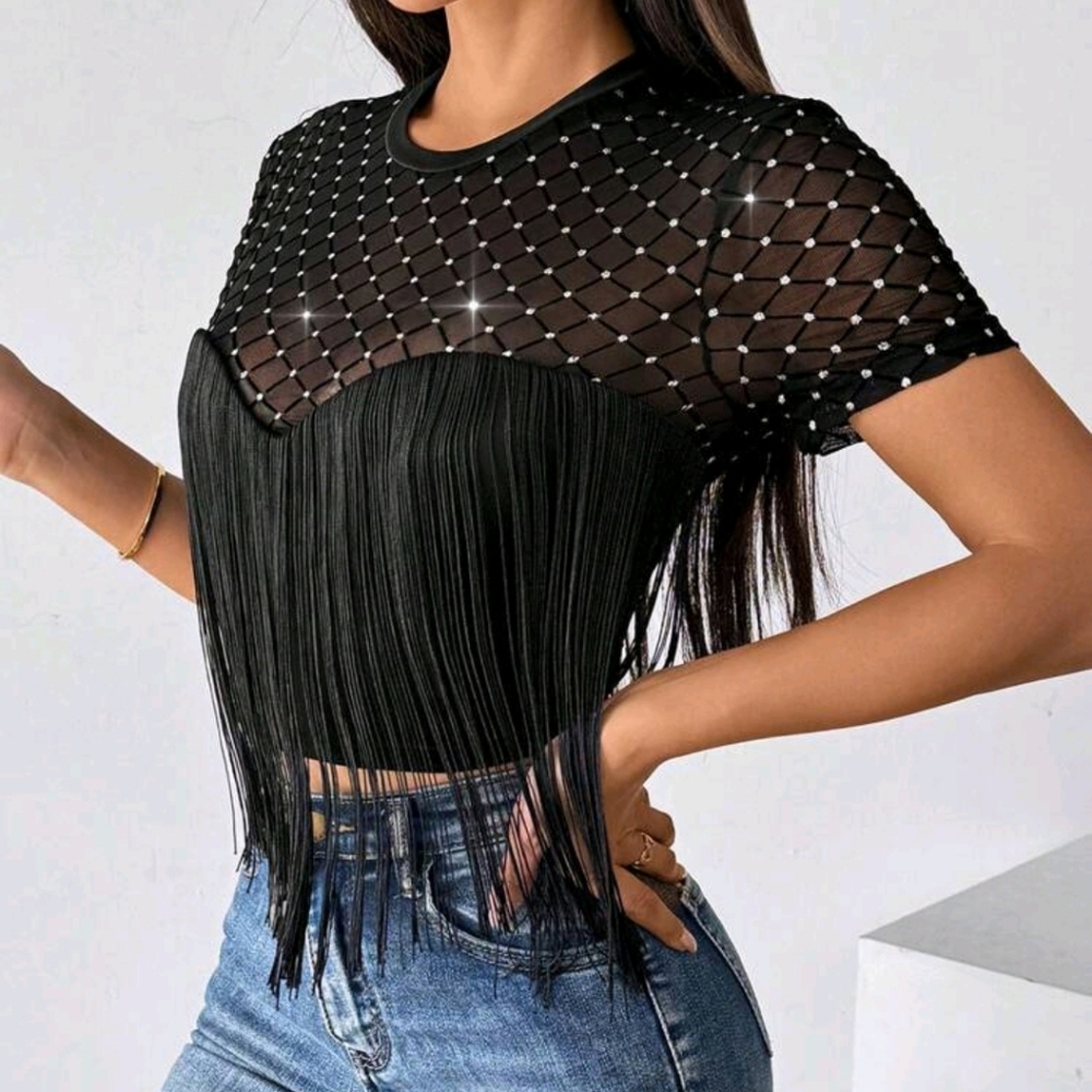 Women's Shimmer Fringes Sexy Cropped Top - Picture 5 of 5